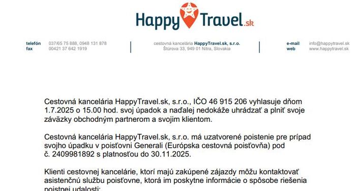 Nepríjemné prekvapenie pre dovolenkárov: CK HappyTravel vyhlásila úpadok
