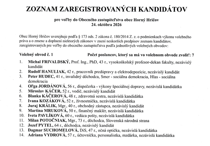 Zoznam kandidátov na poslancov Horný Hričov (snímka stránka obce).