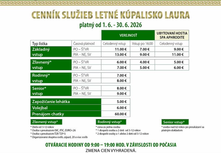 Cenník kúpaliska Laura Rajecké Teplice