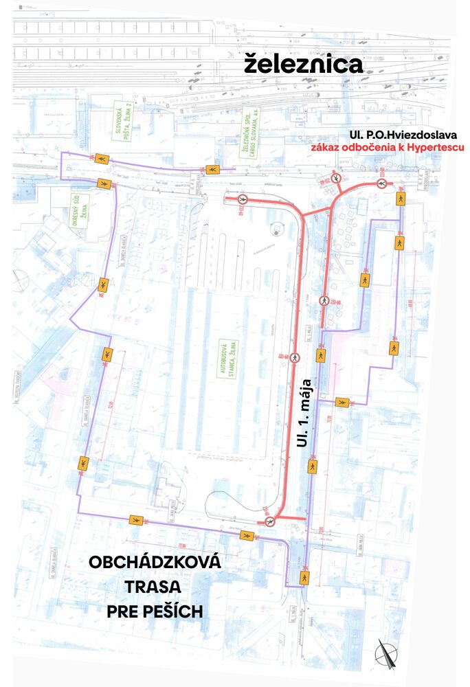Chodník na Ulici P. O. Hviezdoslava sa bude dať naďalej využívať, ale nie v miestach križovatky. Bude treba ísť cez vyznačenú obchádzkovú trasu, ktorou obídete križovatku a vyjdete pár metrov za križovatkou na Ulici P. O. Hviezdoslava.
