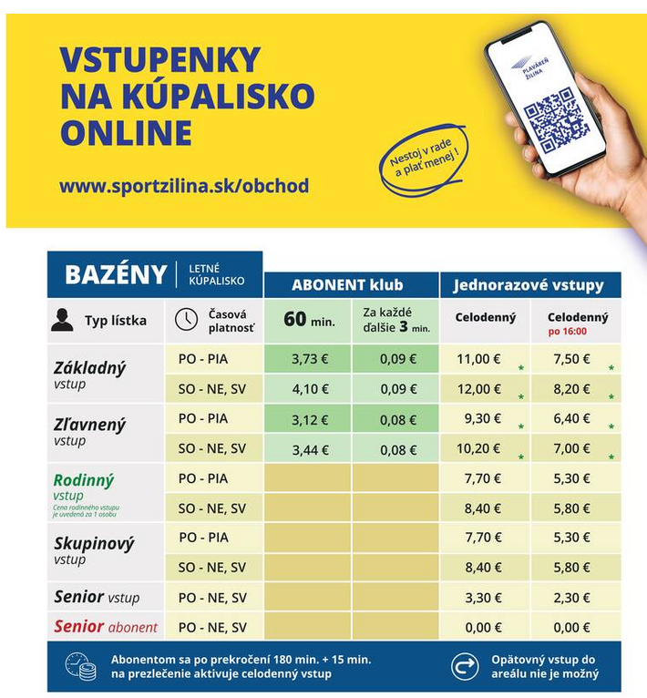 Cenník kúpaliska v Žiline
