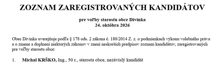 Zoznam kandidátov na starostu Divinka (snímka stránka obce).