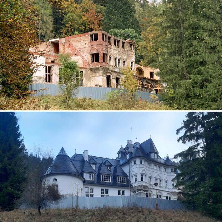 Porovnanie stavu budovy, keď ju v roku 2019 kúpili Škottovci, a dnes. 