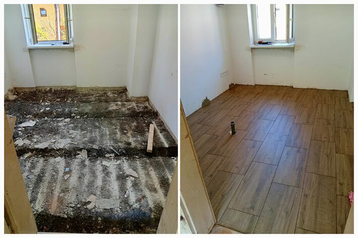 Pred a po výmene podlahy v objekte starej školy.