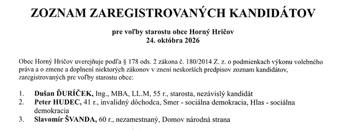 Zoznam kandidátov na starostu Horný Hričov (snímka stránka obce).