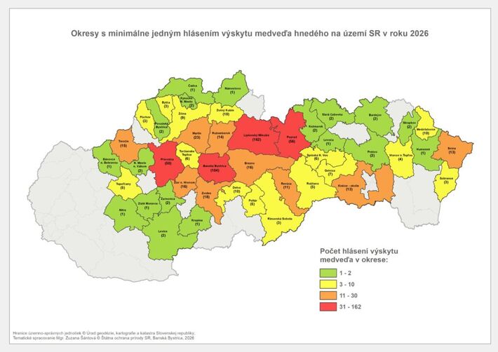 Aktuálny výskyt medveďa na území Slovenska k 1. júnu zo stránky Pozor medveď.