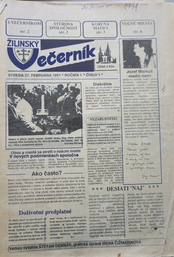 Titulná strana prvého vydania Žilinského večerníka.