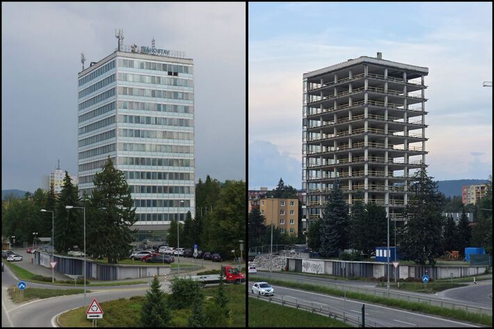 Podoba, ktorú Žilinčania poznali vyše 60 rokov, je dnes už minulosťou. Vpravo stav budovy k 20.6.2026. 