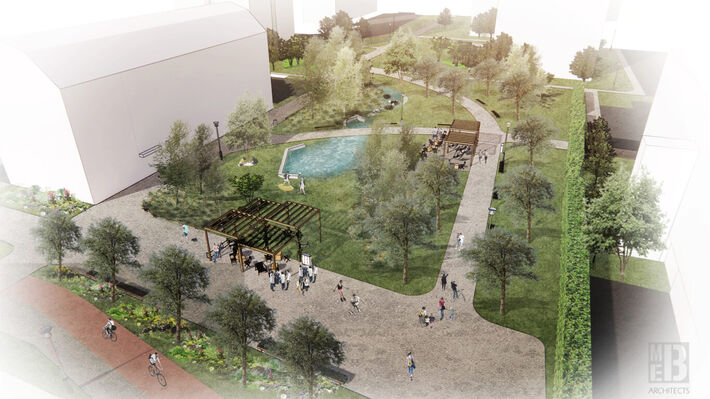 Vizualizácia priestoru zeleného námestia.