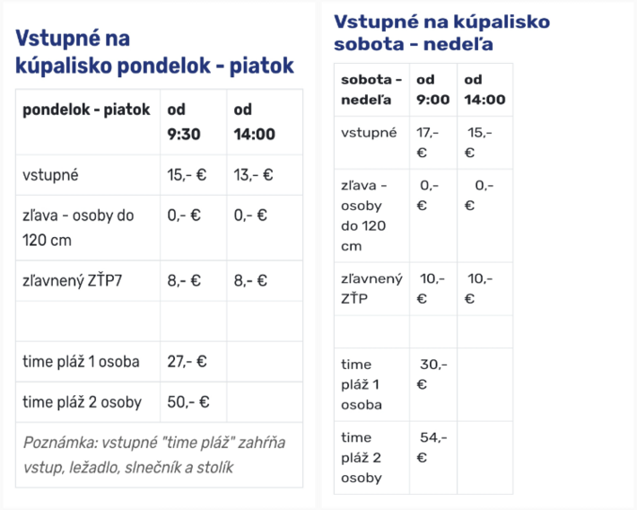 Cenník kúpaliska Veronika v Rajci