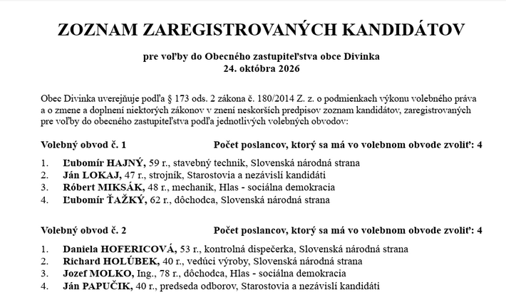 Zoznam kandidátov na poslancov Divinka (snímka stránka obce).