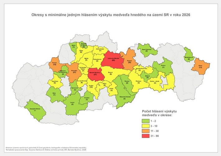 Podľa mapky sa začiatkom mája ukázal medveď najviac v okresoch LM a BB.