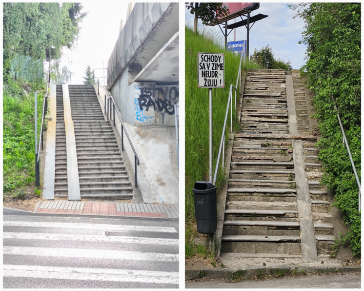 Opravené schody v správe mesta (vľavo) a tie zničené, patriace k športovej hale (vpravo).